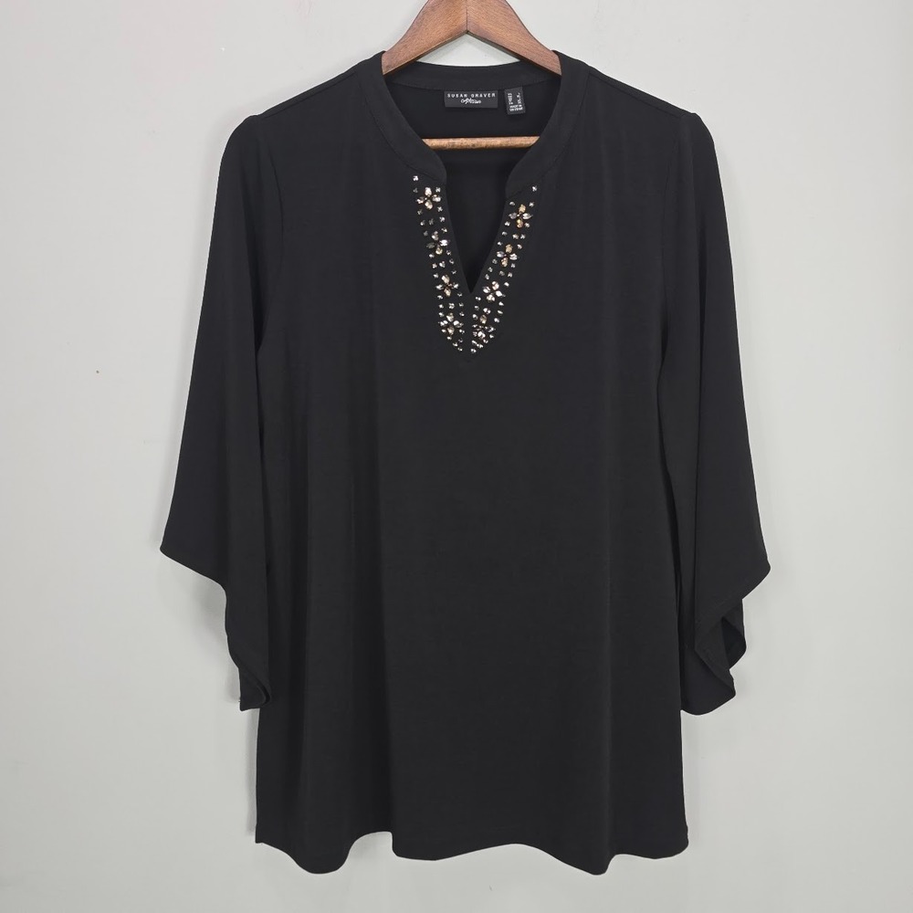 Susan Graver‎ Artisan Liquid Knit Top 1X  Rhinestone Split V-Neck Bell Sleeve